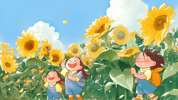 幼儿园小朋友在向日葵下玩耍淡彩儿童插画