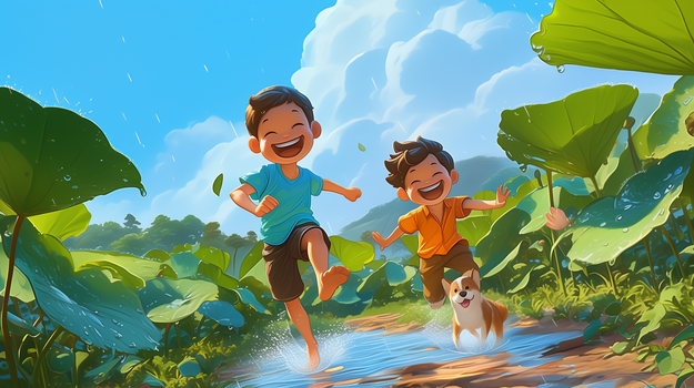 一个小孩和宠物狗在乡间池塘路上欢快的奔跑插画