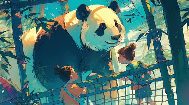 小朋友树林观赏动物大熊猫插画