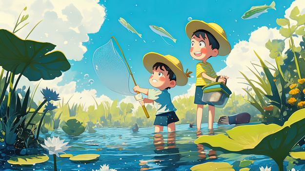 夏日暑假池塘抓鱼的小孩子插画