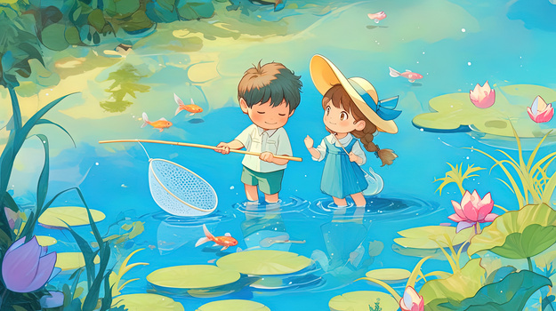 夏日暑假池塘抓鱼的小孩子插画