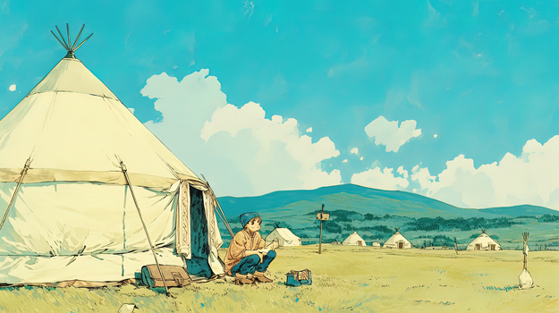 草原蒙古包露营的情侣插画
