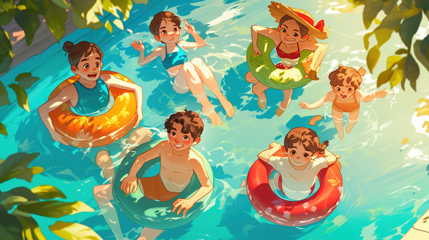 夏季海边游泳的孩子插画