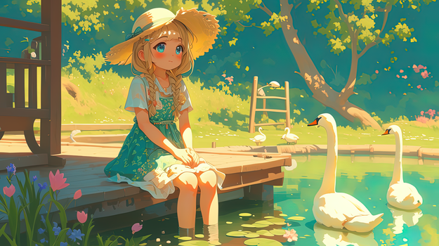 夏天戴着草帽坐在池塘看天鹅的少女插画