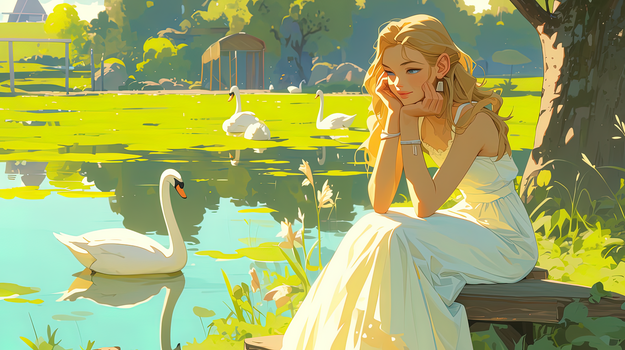 夏天坐在池塘看天鹅的少女插画