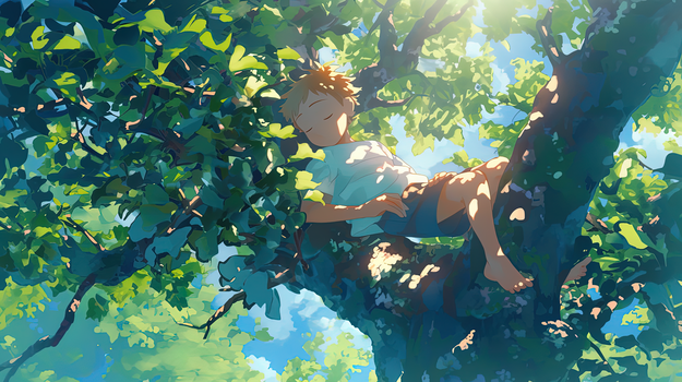 夏天躺在树上睡觉的男孩插画