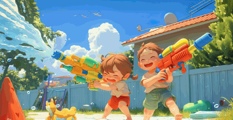 夏天海边玩水枪的孩子插画