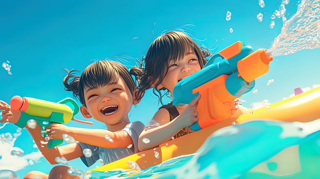 夏天海边玩水枪的孩子插画