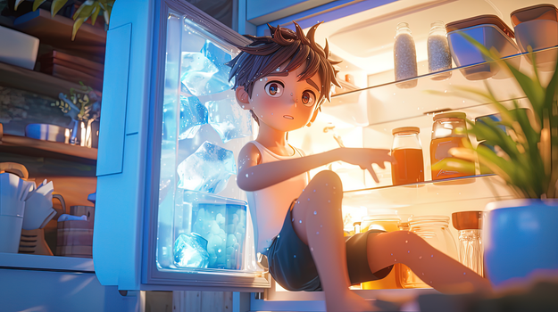 炎热夏天坐在冰箱解暑的男孩插画