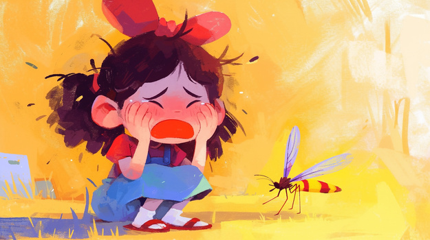 夏天被蚊虫叮咬流泪的小女孩插画