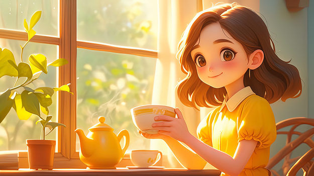 炎热夏季窗边喝凉茶解暑的女孩插画