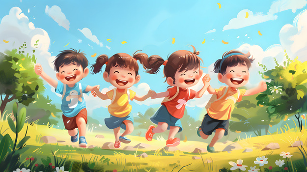 夏天小孩子在户外游玩夏令营插画