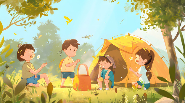 夏天小孩子在户外游玩夏令营插画