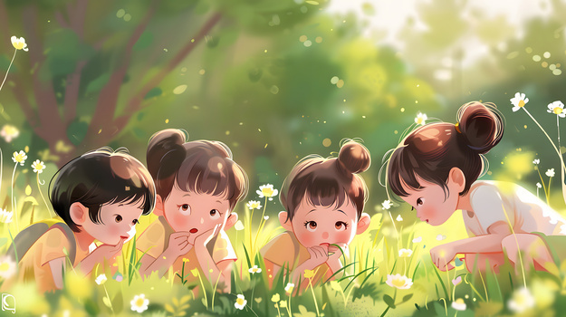 夏天小孩子们在野外观察小草小花插画