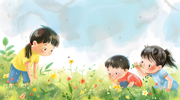 夏天小孩子们在野外观察小草小花插画