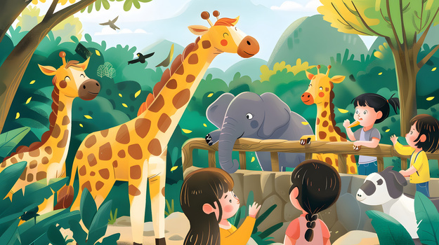 夏天小孩子学校参加夏令营动物园插画