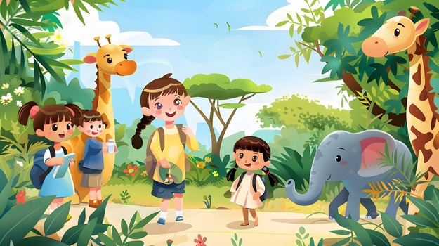 夏天小孩子学校参加夏令营动物园插画