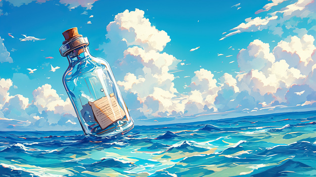 夏天海边沙滩度假漂流瓶插画