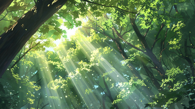 夏天森林里缝隙中的阳光光束插画