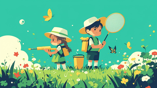 草坪两个小孩夏令营抓蝴蝶插画