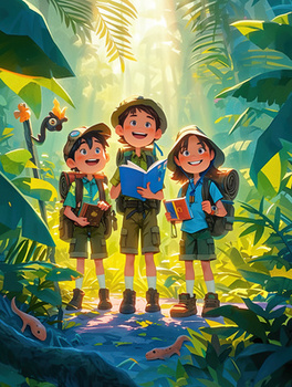 夏令营三个小孩森林里探险插画