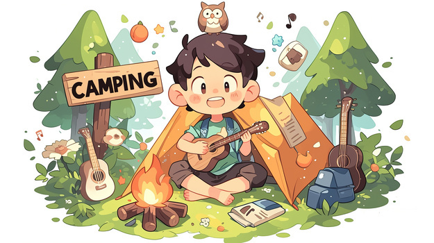 夏令营小男孩户外帐篷弹吉他插画