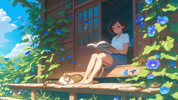 夏天女孩在屋檐下看书插画