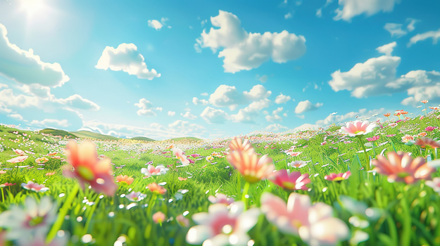 夏天草原上盛开的彩色小野花插画