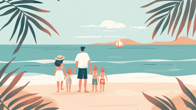 一家人沙滩度假旅游插画