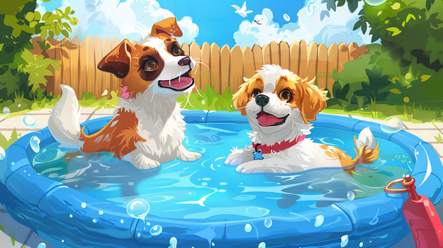 夏天泳池里的小狗插画