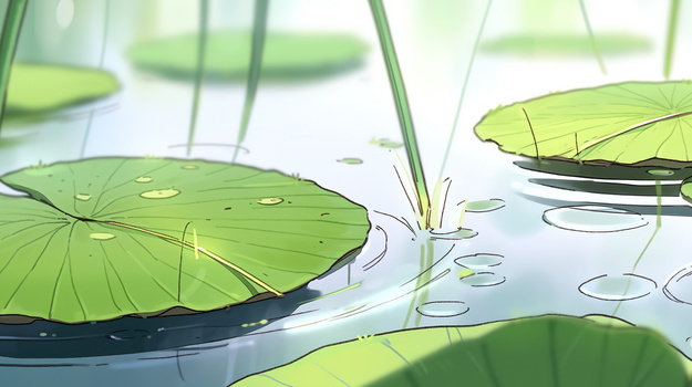 夏天水中的荷叶风景插画