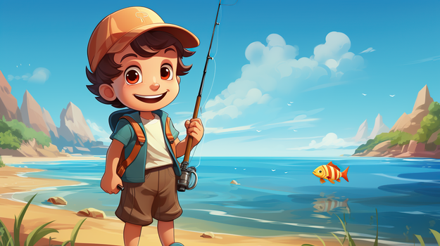 卡通小男孩在河边钓鱼场景插画