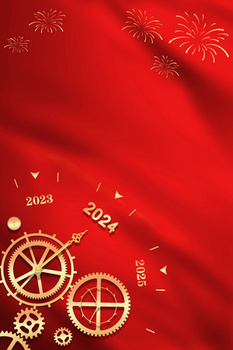 机械表盘跨年2024年新年红色背景