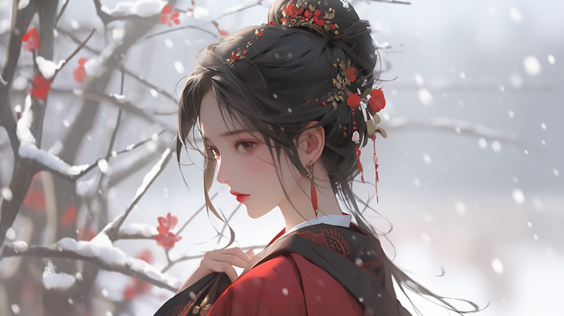 唯美古风美女冬日红色梅花和少女创意插画