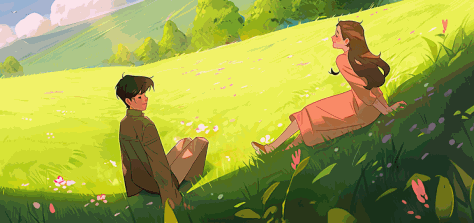 夏天两人坐在草地上插画