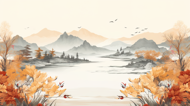 中国风水墨晕染山水画秋天风景美景插画
