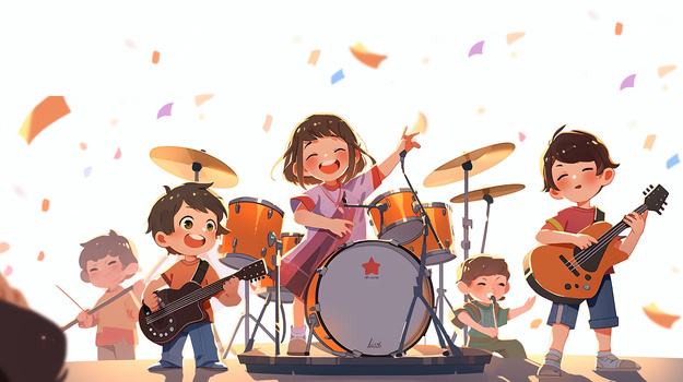 卡通可爱儿童乐队组合在表演节目创意插画