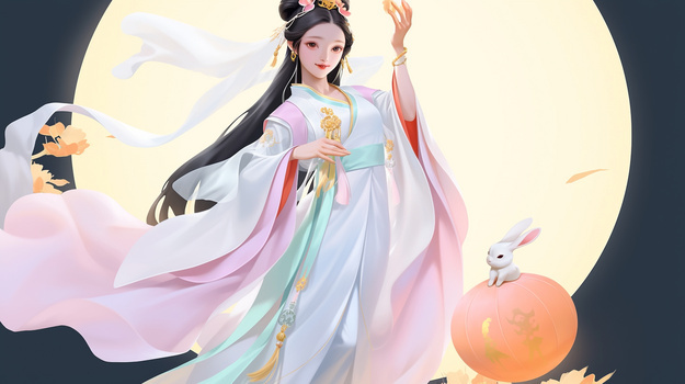 优雅古风美女嫦娥仙子在月亮前起舞创意中秋节插画