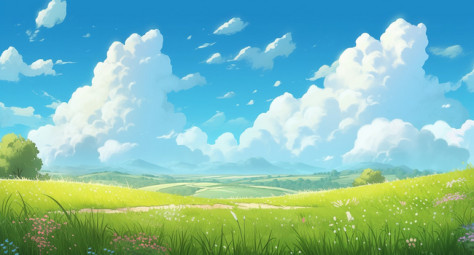 卡通唯美蓝天白云和青草地