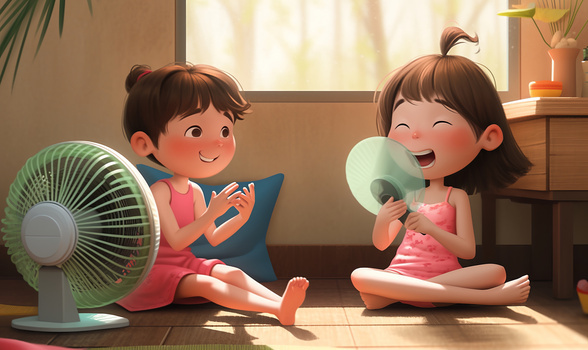 炎热夏天可爱的小朋友在客厅吹着电风扇乘凉避暑插画
