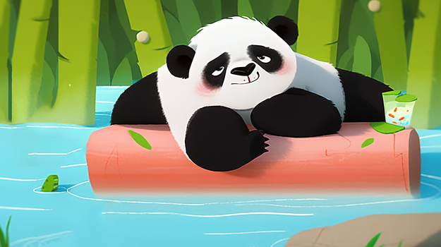 夏天大熊猫趴在冰块上降温插画