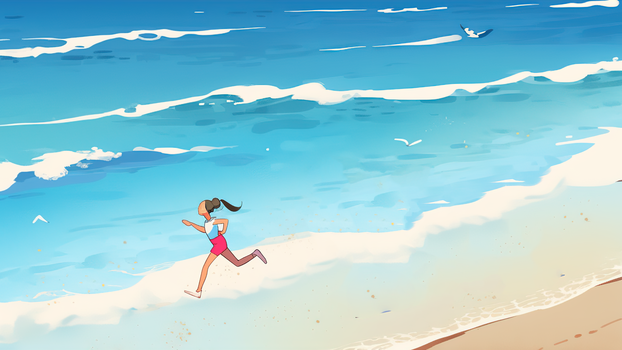 夏天女孩在海边奔跑插画
