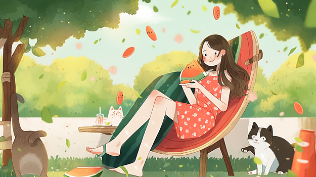 夏天女孩在树下坐在躺椅上吃西瓜纳凉插画