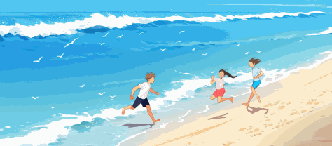 夏天小伙伴们在海边奔跑插画