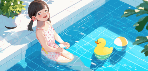 夏天小朋友在泳池解暑插画