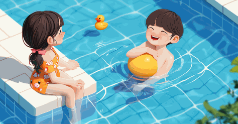 夏天小伙伴们在泳池玩耍插画