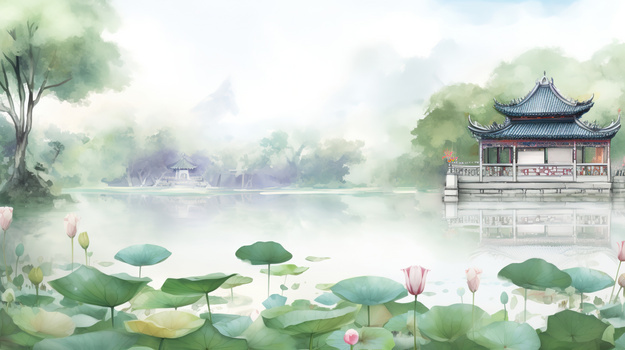中国风水墨画夏日荷塘湖景和古典凉亭