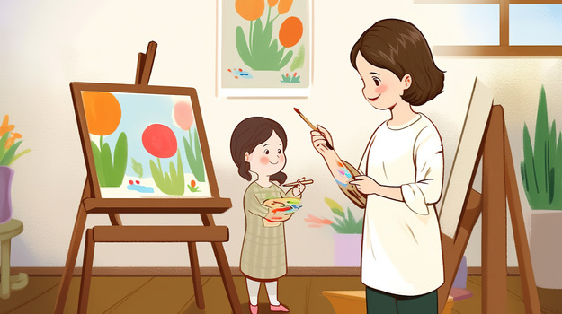 卡通风可爱的小朋友和老师学习画画