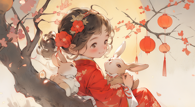 古风少女中秋节抱着兔子赏月的女孩创意插画