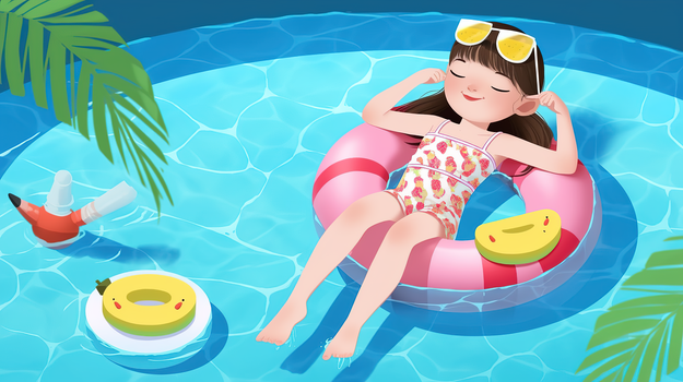 炎热的夏天可爱的泳装女孩躺在游泳池里晒太阳创意插画